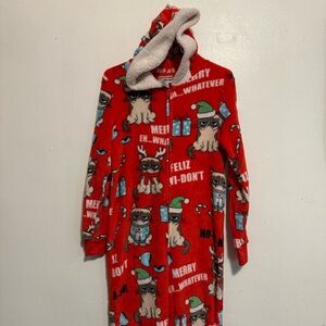 Grumpy Cat Festive Red Kids Pajamas Girls Small 4-6 One Piece Full Zip Hoodie